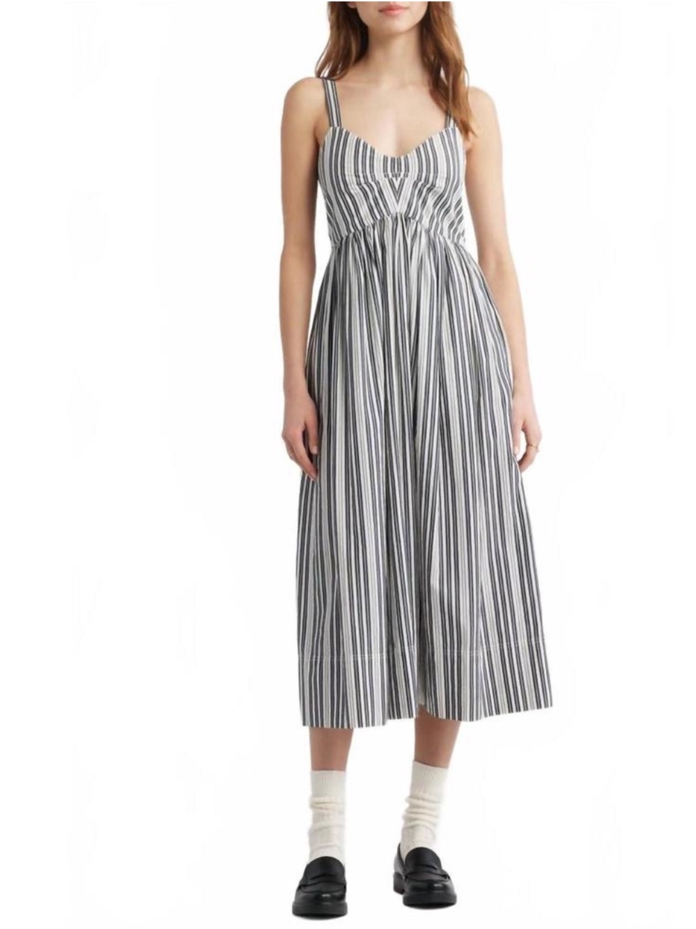 THE GREAT. 100% Cotton Striped Midi Dress Babydoll Empire Waist Cottagecore L
